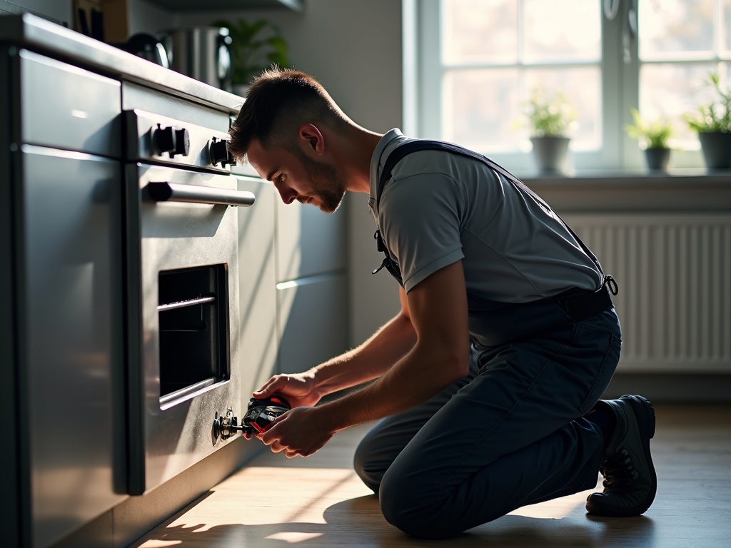 An electrician connecting dedicated conduit wiring to commercial kitchen equipment during an industrial machinery wiring services project in a restaurant facility.