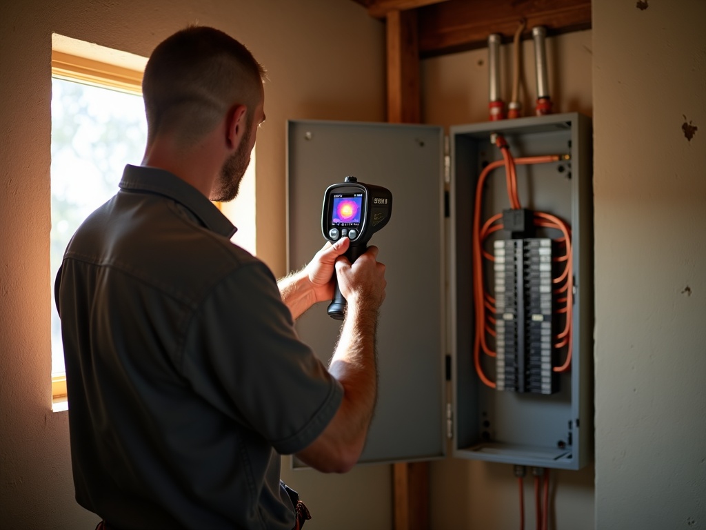 An electrician performing an infrared scan of a residential electrical panel during a whole home power upgrade inspection to identify hidden hot spots and hazards.