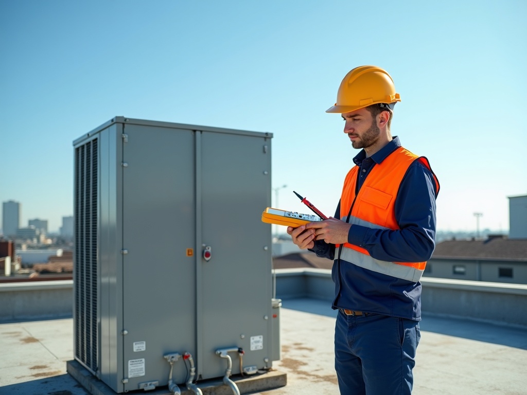 A commercial electrician inspecting the wiring and conduit connections as part of an HVAC electrical connection services project on a Scottsdale commercial rooftop