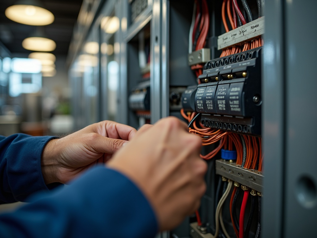 Electrician performing detailed panel wiring as part of tenant improvement electrical services for a commercial restaurant kitchen in the Scottsdale area
