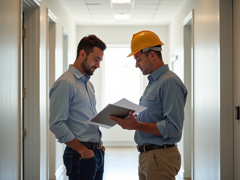A licensed electrician reviewing a commercial electrical maintenance plan report with a dental office owner in a Phoenix-area medical facility.