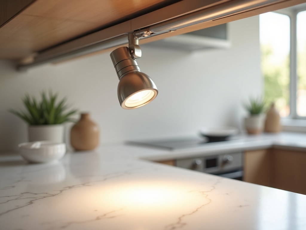 Adjustable track and accent lighting installation detail in a luxury kitchen with warm LED beam focused on a marble countertop
