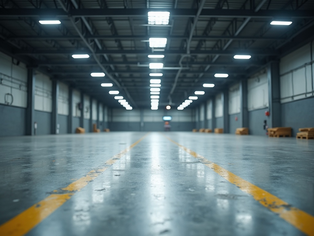 A close-up perspective of completed LED fixtures from a warehouse high-bay lighting installation casting bright even illumination across a commercial facility floor