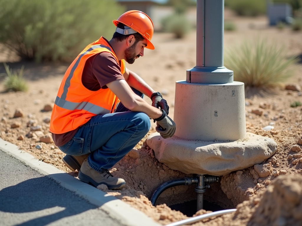 A licensed electrician installing underground conduit for a storefront and parking lot lighting installation at a commercial property in Maricopa County Arizona