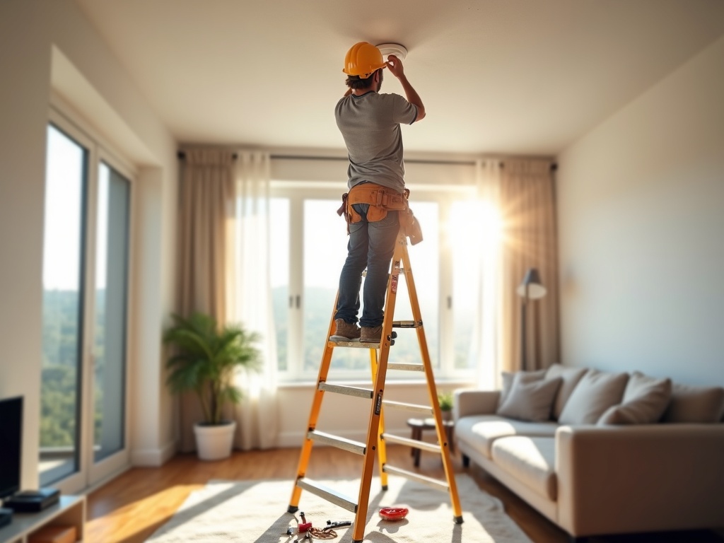 LED Lighting Upgrades A licensed electrician performing an LED lighting upgrades installation by fitting a modern recessed LED fixture into a pristine white ceiling in a Scottsdale home.