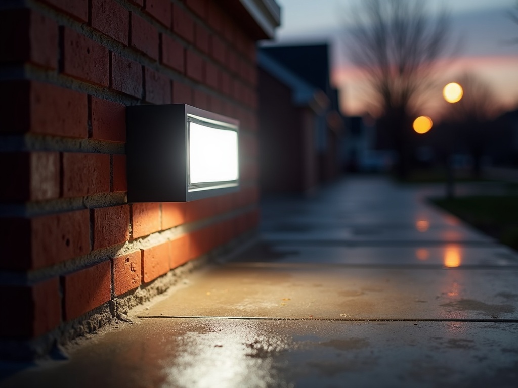 A commercial grade LED wall pack fixture freshly installed on a retail storefront facade as part of a complete storefront and parking lot lighting installation project