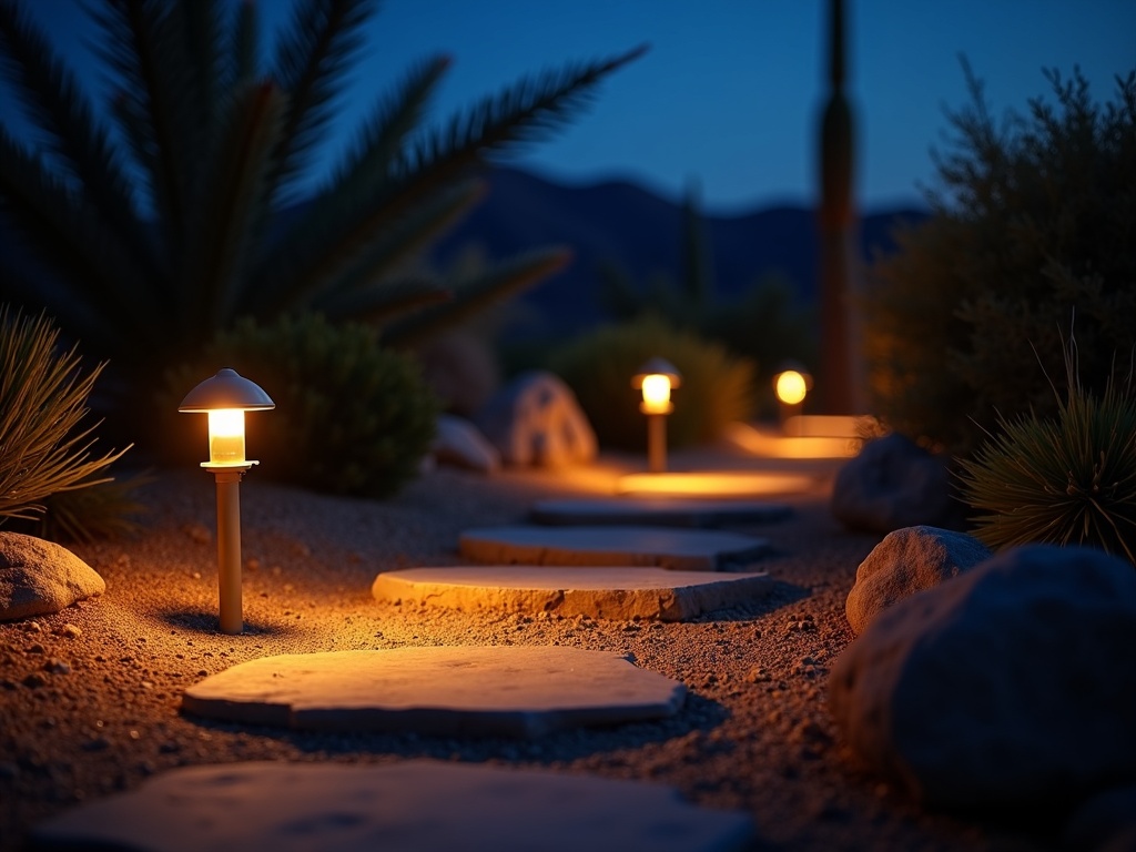Security Lighting Installation Completed security lighting installation showing a low-voltage pathway lighting circuit illuminating a desert-landscaped walkway at a Scottsdale residential property after dark