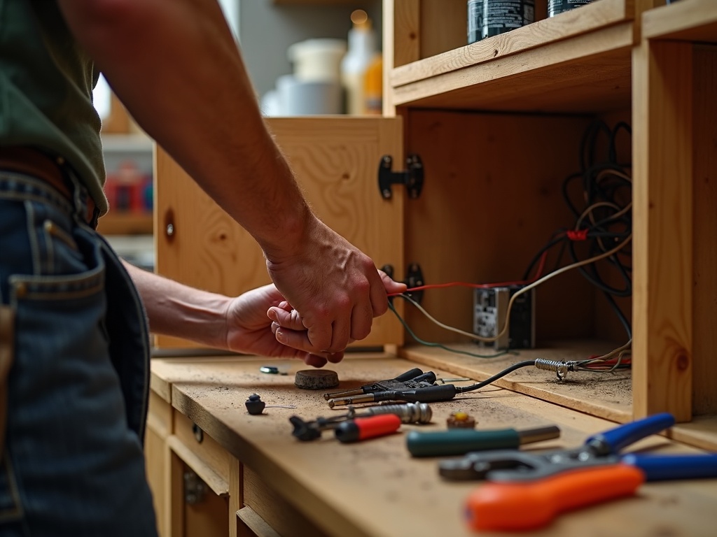 Under-Cabinet Lighting Installation A licensed electrician routing concealed wiring inside kitchen cabinetry during a professional under-cabinet lighting installation for a Scottsdale homeowner