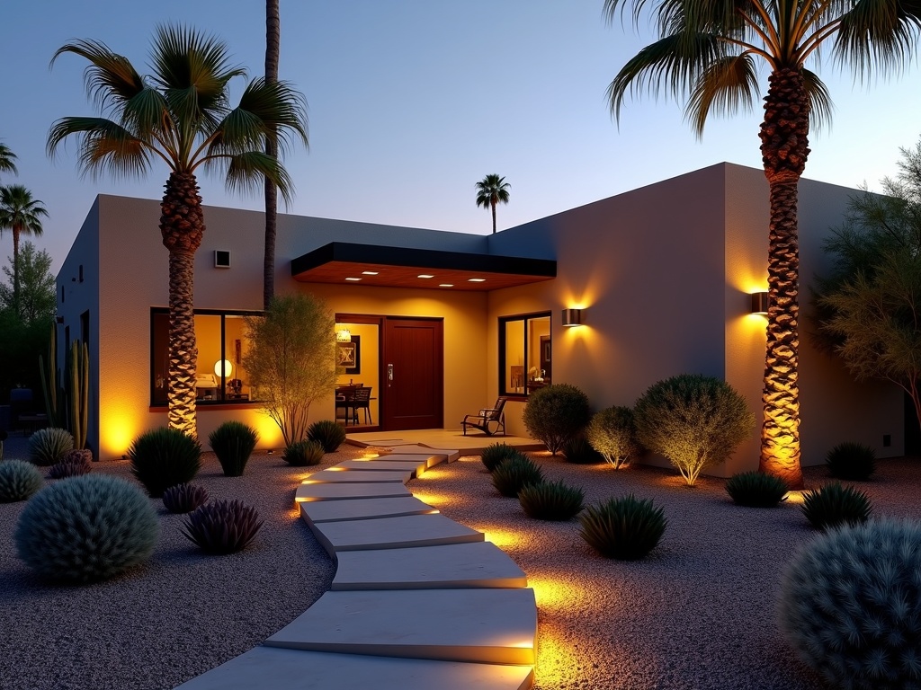 LED Lighting Upgrades Exterior LED lighting upgrades on a Scottsdale residential property featuring warm LED path lights along a desert landscaped walkway at dusk.