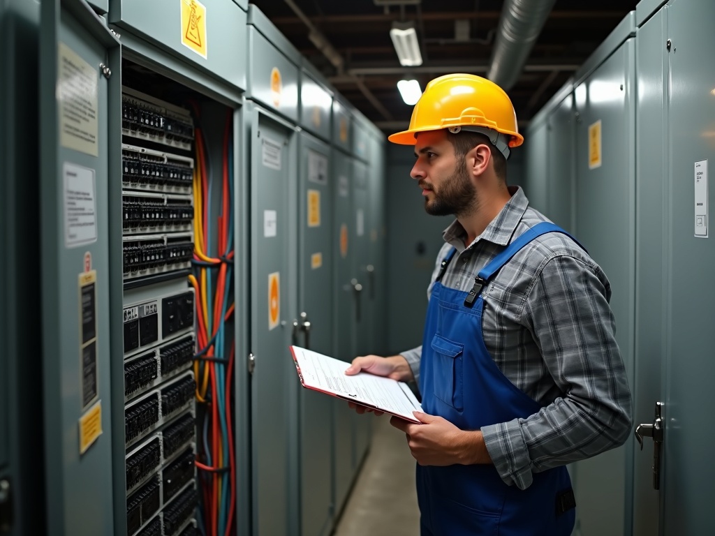 A licensed electrician reviewing a panel load evaluation as part of a warehouse high-bay lighting installation project at a commercial facility in Arizona