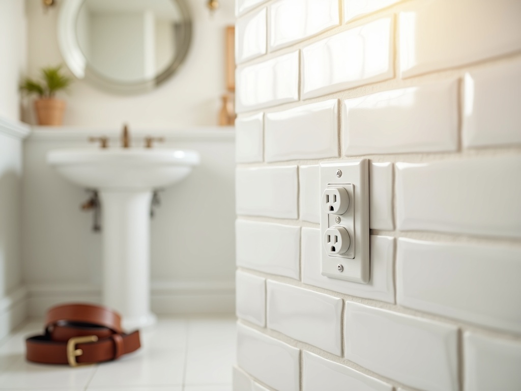 A freshly completed GFCI outlet electrical repairs and installation on a bathroom wall beside a pedestal sink in a Scottsdale home