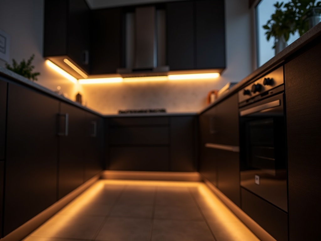 Under-Cabinet Lighting Installation Professionally installed under-cabinet lighting and toe kick LED strips glowing in a high-end Scottsdale kitchen at night showing layered ambient illumination