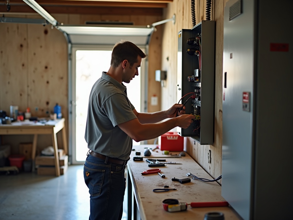 A licensed electrician completing a GFCI outlet electrical repairs and installation on a garage wall in preparation for EV charger wiring in a Scottsdale home