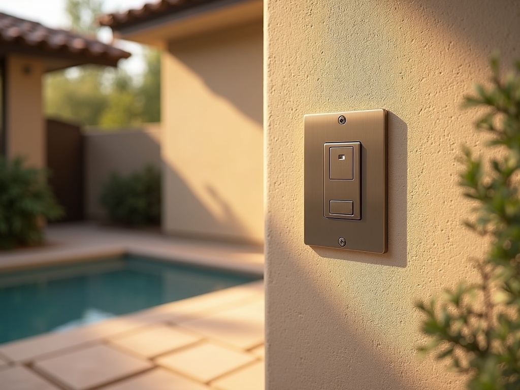 A weather-rated outdoor outlet from a new circuit installation serving an Arizona backyard lanai and pool area in Maricopa County.