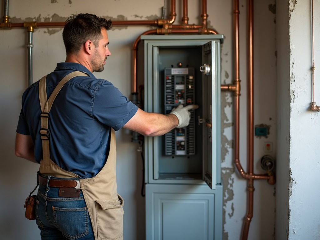 Commercial Generator Installation & Maintenance A professional electrician performing standby generator maintenance on an automatic transfer switch inside a commercial facility in Scottsdale Arizona