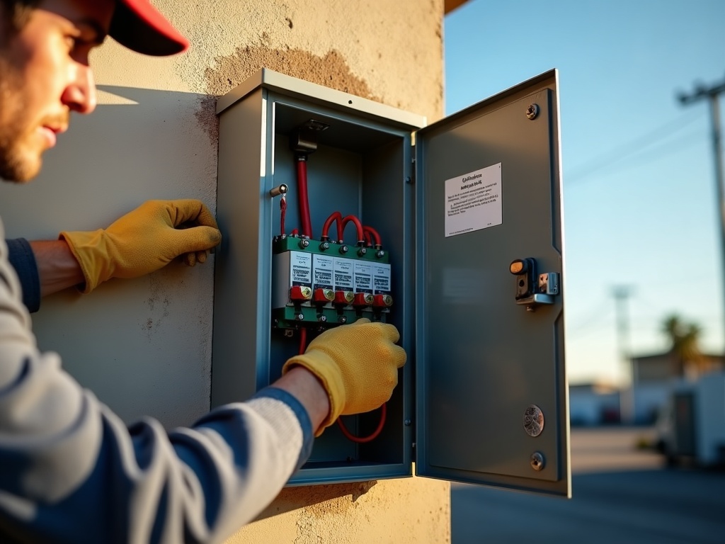 A technician inspecting the automatic transfer switch connections during a generator inspection and maintenance service visit at a commercial property.