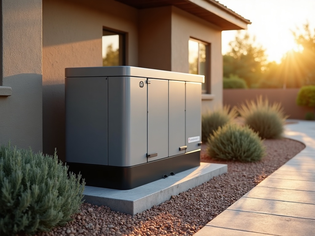 Commercial Generator Installation & Maintenance A whole home generator hookup installed beside a high-end North Scottsdale residential property with professional conduit routing and desert landscaping