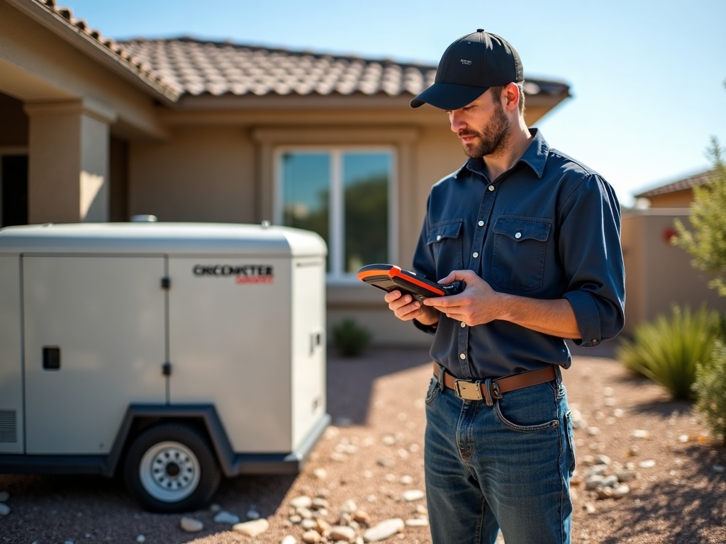 A professional electrician conducting a load test on a residential standby generator as part of a thorough generator inspection and maintenance service.