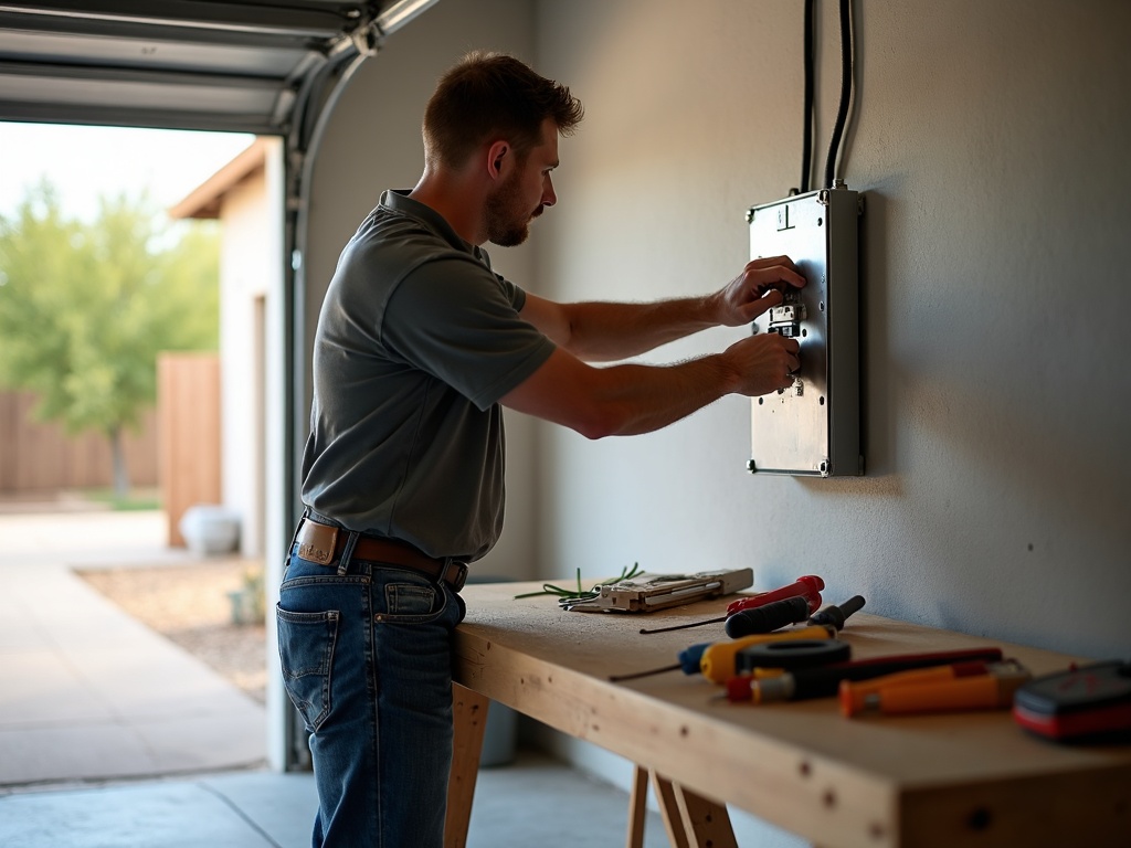 Portable Generator Installation & Maintenance Close-up of a licensed electrician wiring a manual transfer switch as part of a portable generator installation inside a clean Arizona home garage