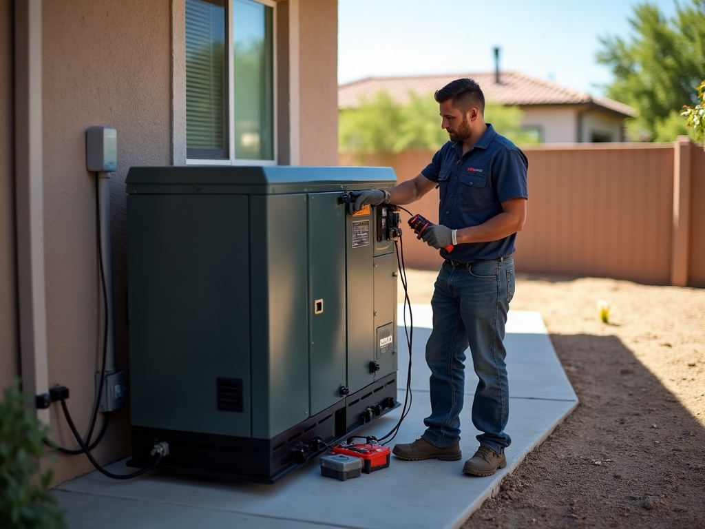 A technician performing generator maintenance by testing the battery and control board of a residential standby generator in an Arizona backyard