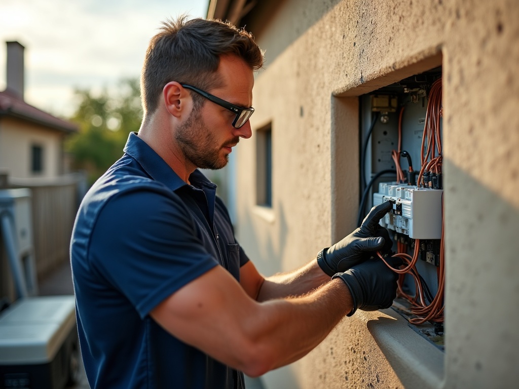 A licensed electrician completing the automatic transfer switch wiring for a natural gas backup generator installation system at a residential property in Scottsdale.