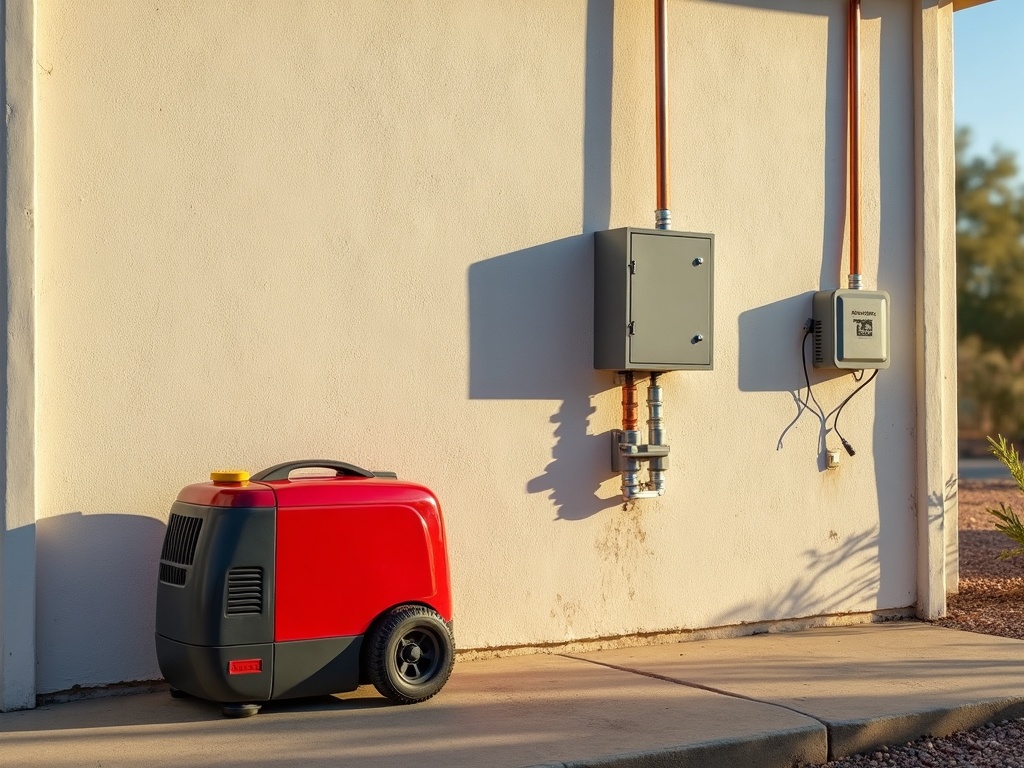 Portable Generator Installation & Maintenance A properly installed portable generator and generator inlet box on the exterior of a commercial building in Maricopa County, showing professional portable generator installation workmanship