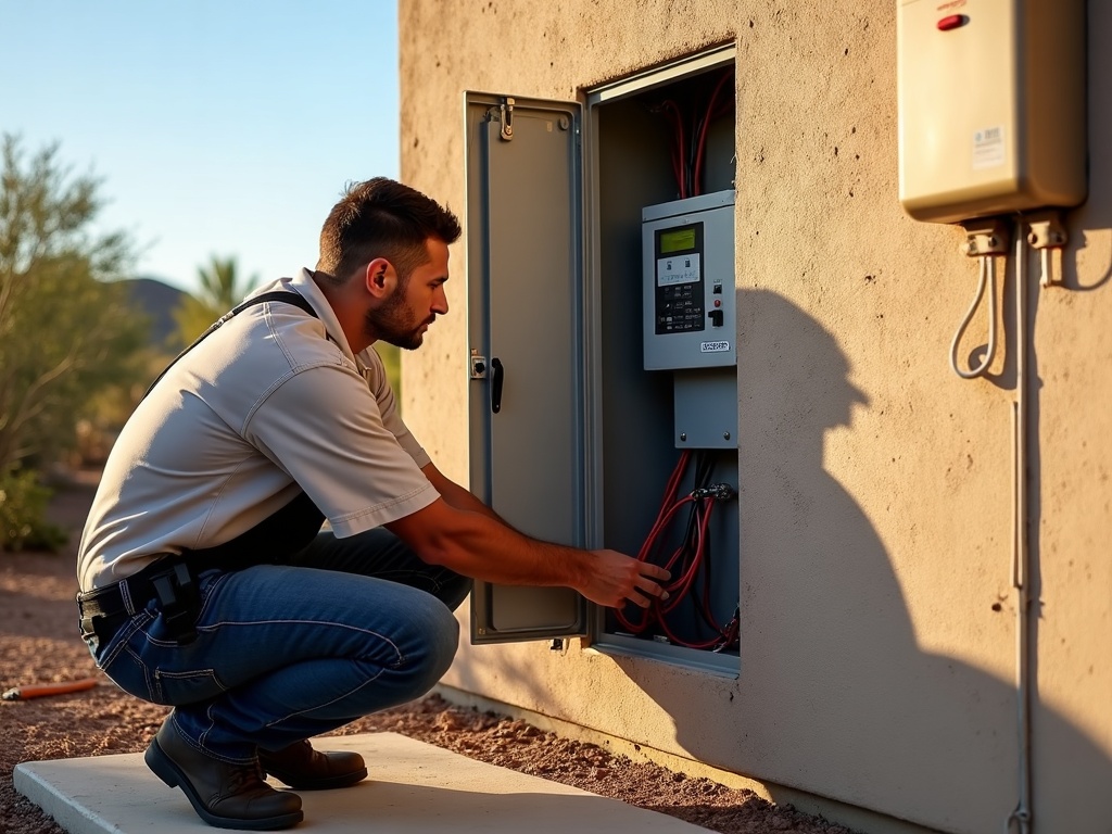 A licensed electrician completing a propane backup generator transfer switch connection on the exterior of a residential property in <span class="av_sa_city">Scottsdale</span>
