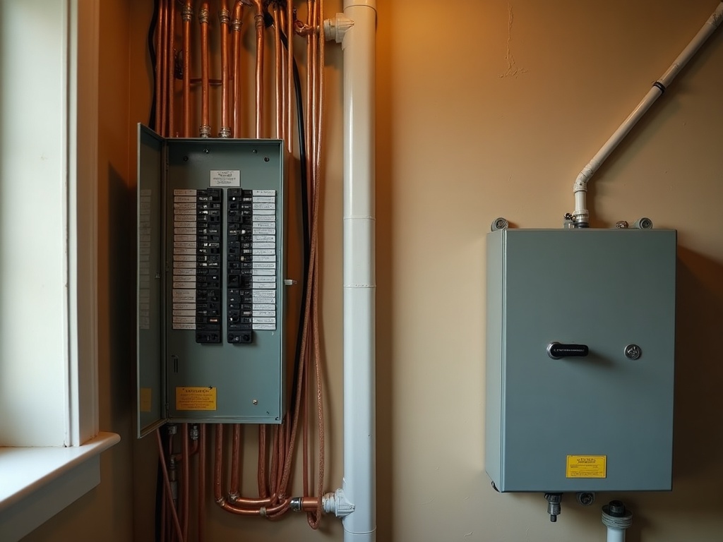 Whole-Home Natural Gas Backup Power An automatic transfer switch connected to a residential electrical panel as part of a whole-home natural gas backup power system installation.