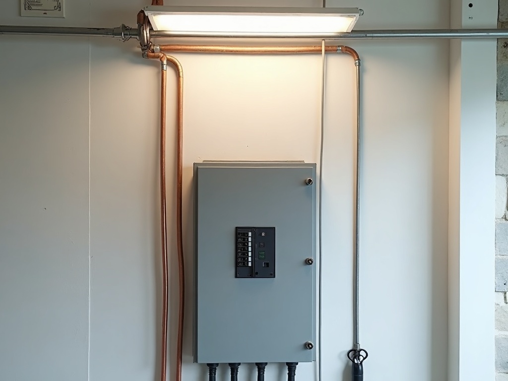 A newly installed 200-amp electrical panel upgrade with organized circuit breakers and a whole-home surge protector in a clean residential utility room.