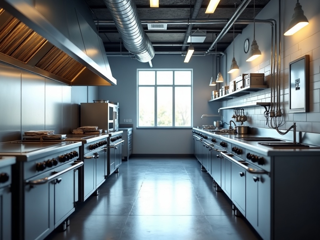 A modern commercial restaurant kitchen with stainless steel equipment and visible conduit runs supporting a 3-phase power installation for high-demand food service operations.