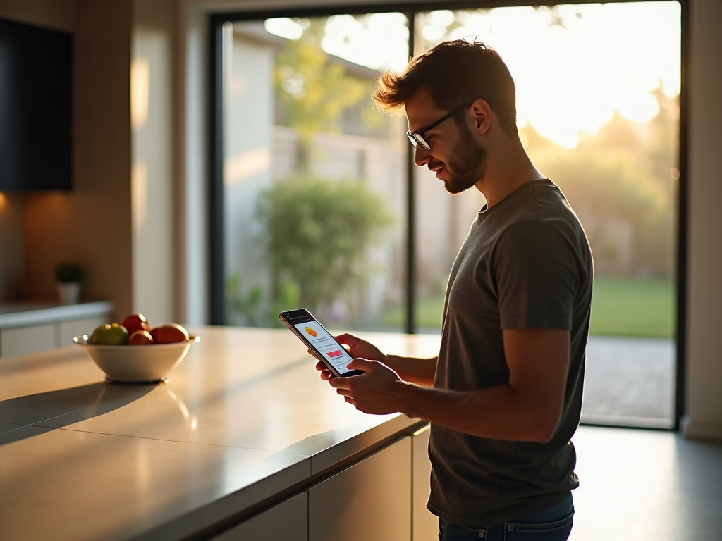 Home Energy Monitoring System Installation A Scottsdale homeowner reviewing real-time circuit data on a mobile app connected to their home energy monitoring system installation.