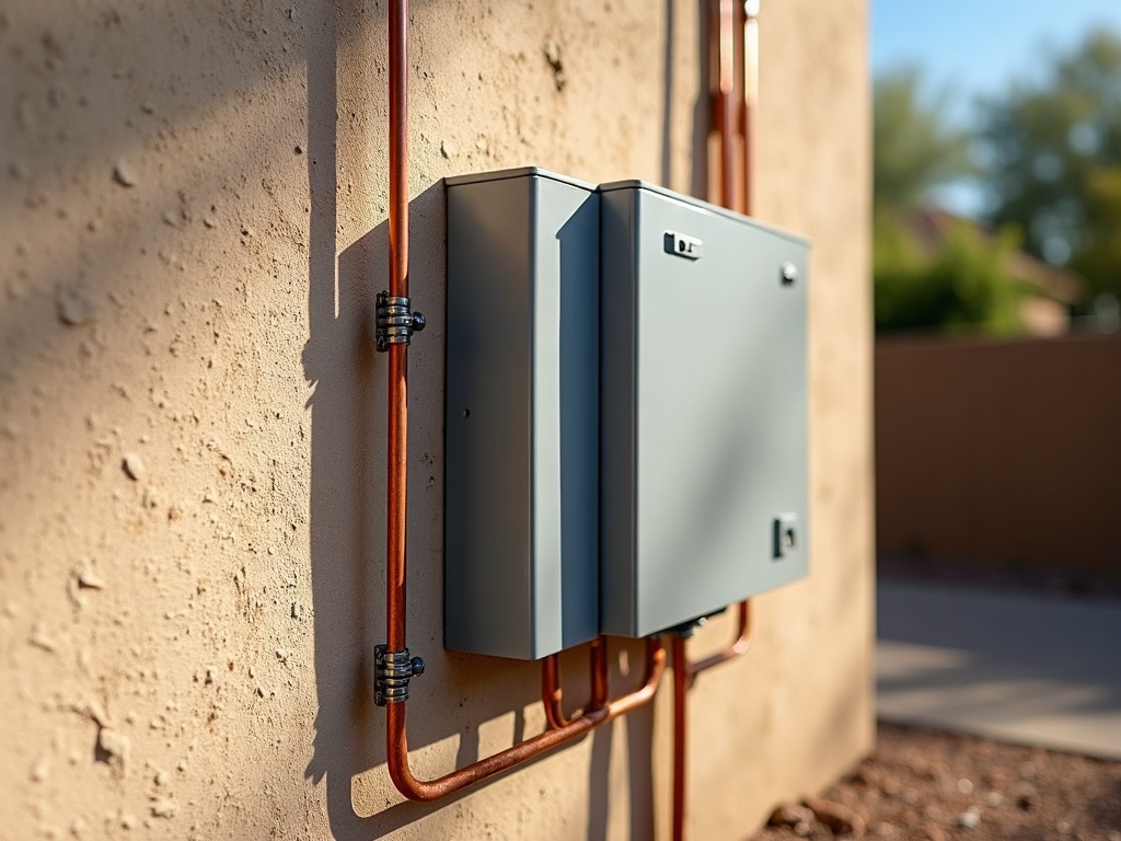 A professionally installed automatic transfer switch mounted beside a home electrical panel as part of a complete generator maintenance and power backup system in Scottsdale Arizona