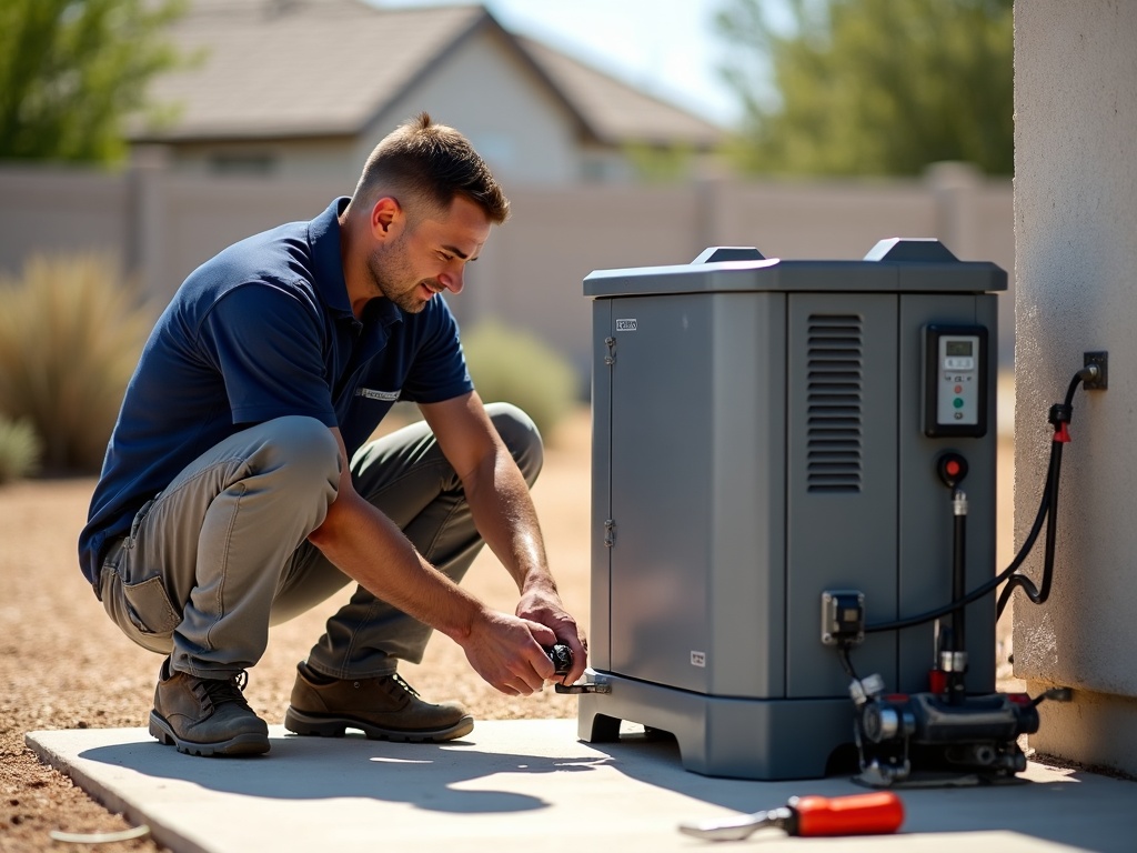 Whole-Home Natural Gas Backup Power An electrician finalizing the electrical connections for a whole-home natural gas backup power generator at a home in the Scottsdale area.