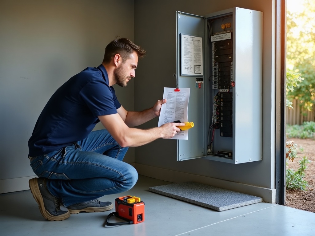 A licensed electrician performing a panel load assessment before completing a Tesla charger installation services job at a Scottsdale area home