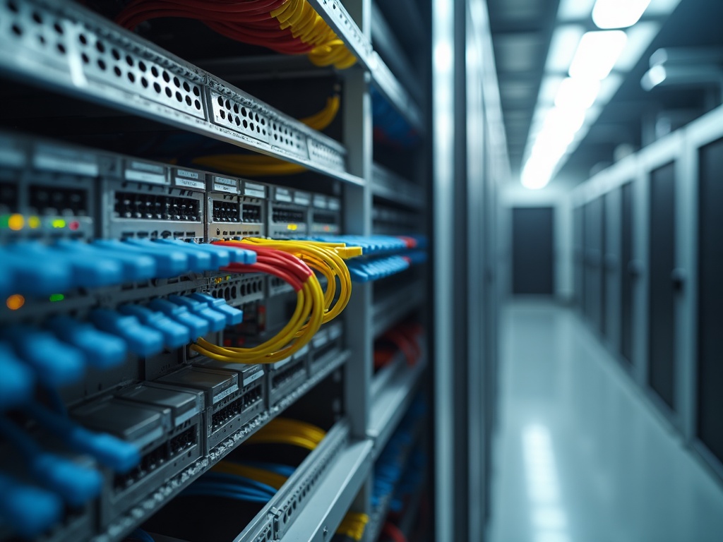 A neatly organized server room patch panel with labeled Cat6 & Cat7 network cabling installation completed by FHR Electric for a Scottsdale commercial client.