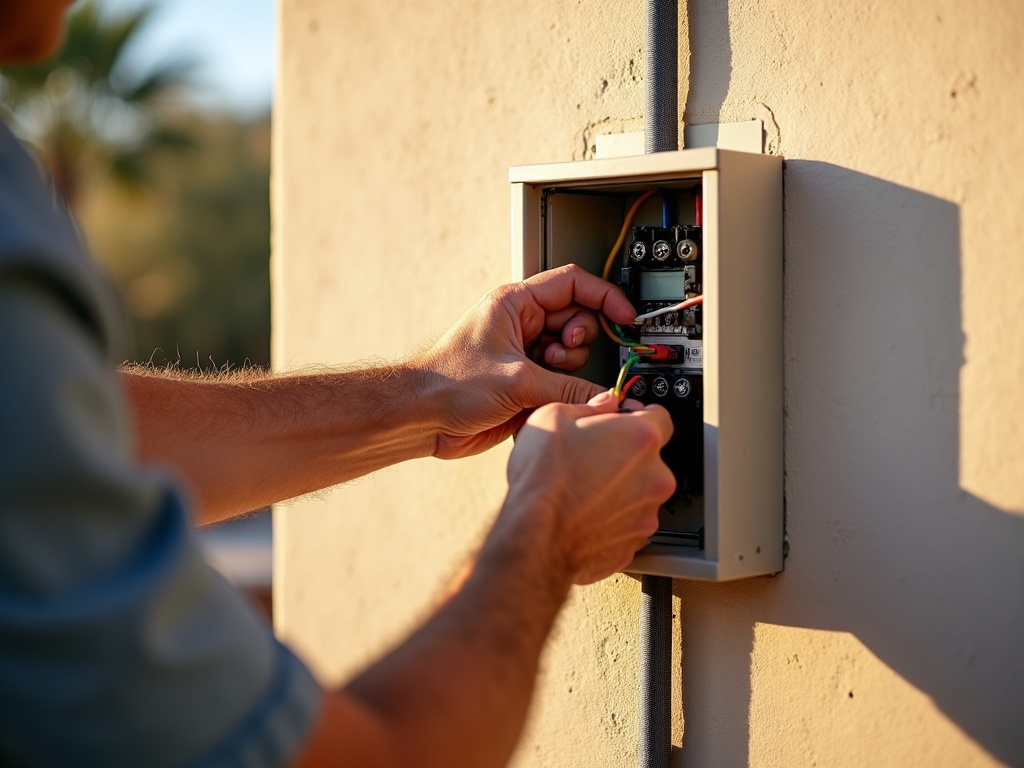 A licensed electrician performing outdoor hot tub equipment and appliance hookup electrical services at a residential property in Scottsdale Arizona