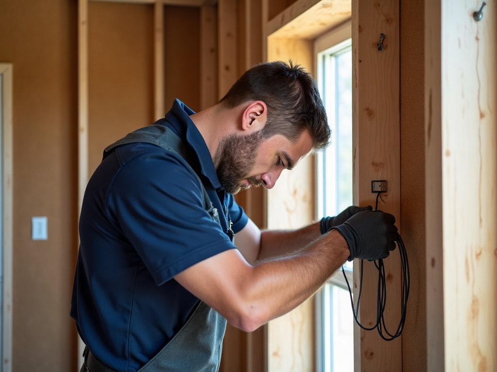Smart Home Wiring & Automation A licensed electrician routing structured low-voltage cable through open wall framing during a smart home wiring and automation services installation in a Scottsdale remodel project.