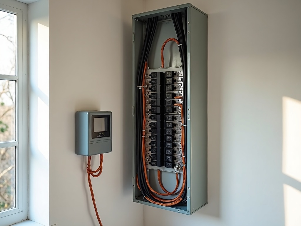 Home Energy Monitoring System Installation Current transformer sensors and monitoring hardware connected inside a residential panel as part of a professional home energy monitoring system installation.