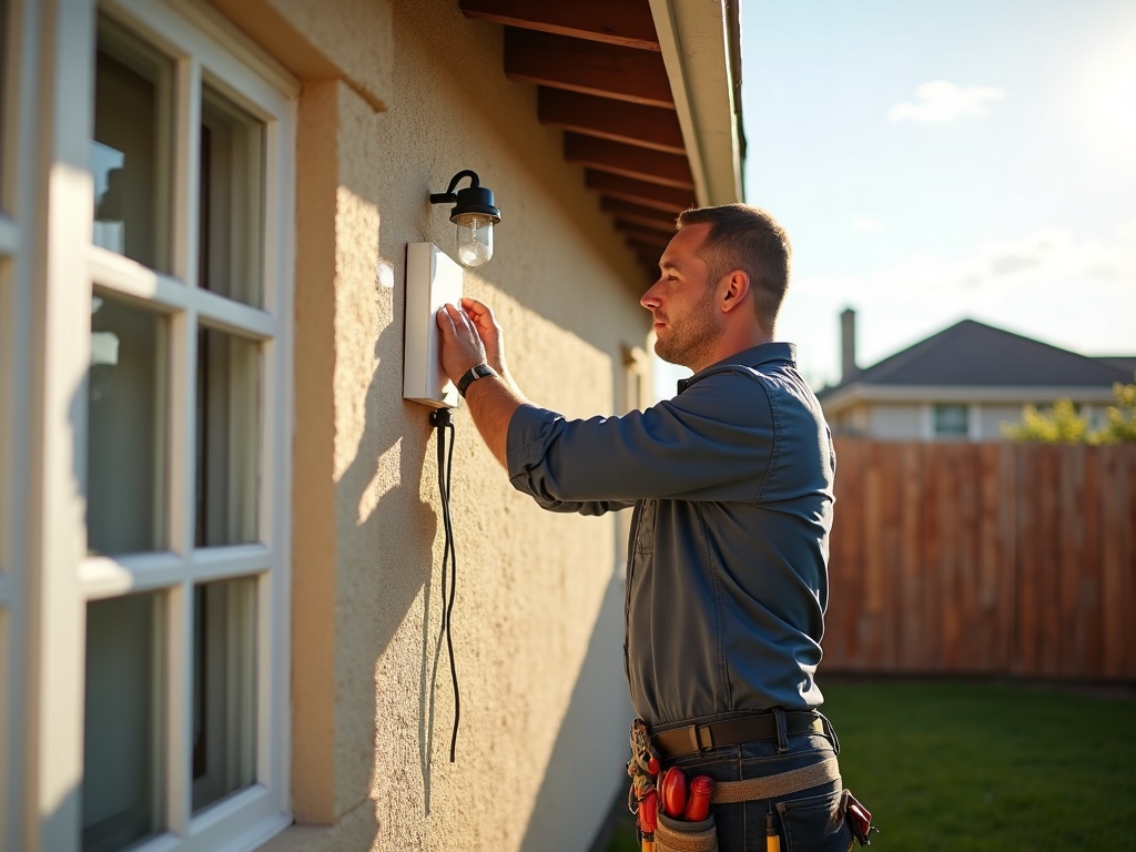 Exterior Lighting Installation A licensed electrician completing an exterior lighting installation by mounting a weatherproof wall sconce on a stucco home exterior
