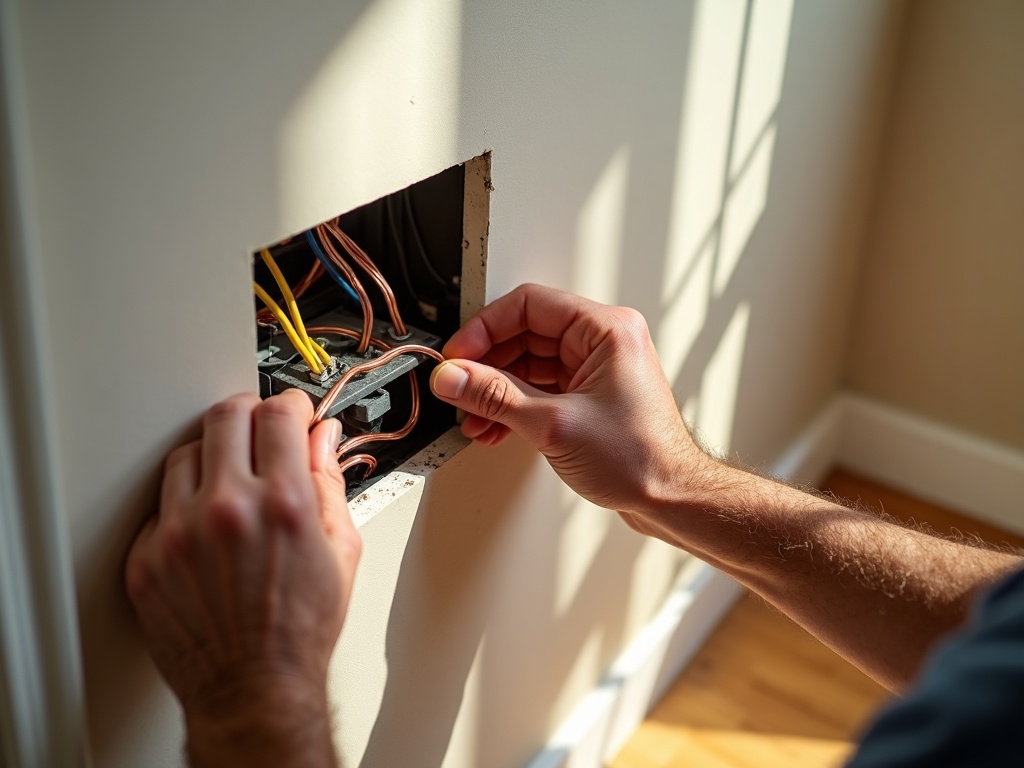 Smart Switches & Dimmers Installation An electrician wiring connections inside a switch box during a smart switches and dimmers installation in a high-end Scottsdale hallway