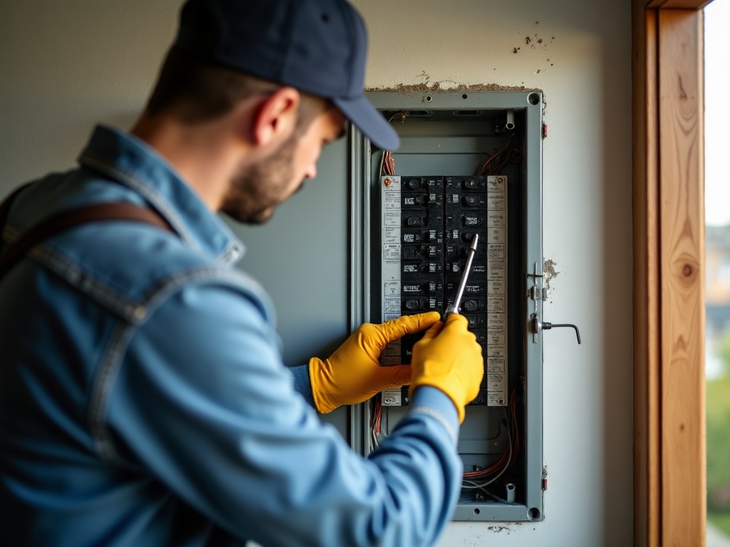 Breaker Replacement & Electrical Repairs Close-up of a professional performing breaker replacement and electrical repairs on a home circuit panel in Maricopa County.