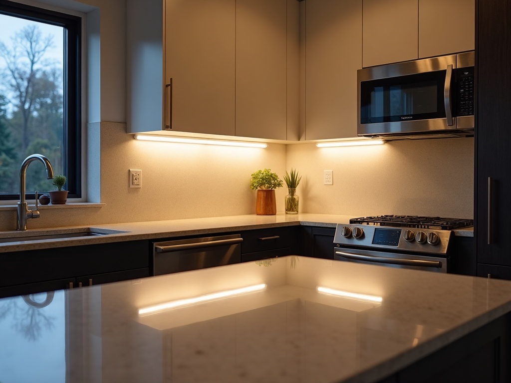 The finished result of a kitchen and bathroom electrical remodel showing recessed lighting and under-cabinet LED strips in a high-end Scottsdale home