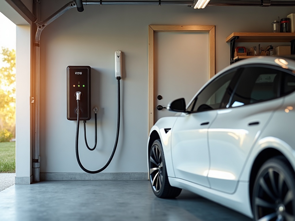 A newly installed Level 2 EV charger connected to a dedicated circuits installation in a North Scottsdale residential garage with clean conduit routing.