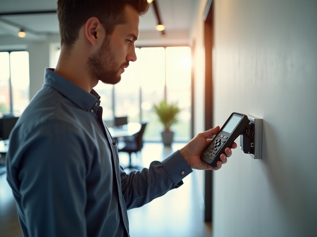 A technician using a cable certifier to test a completed Cat6 & Cat7 network cabling installation in a commercial office space in Scottsdale, AZ.