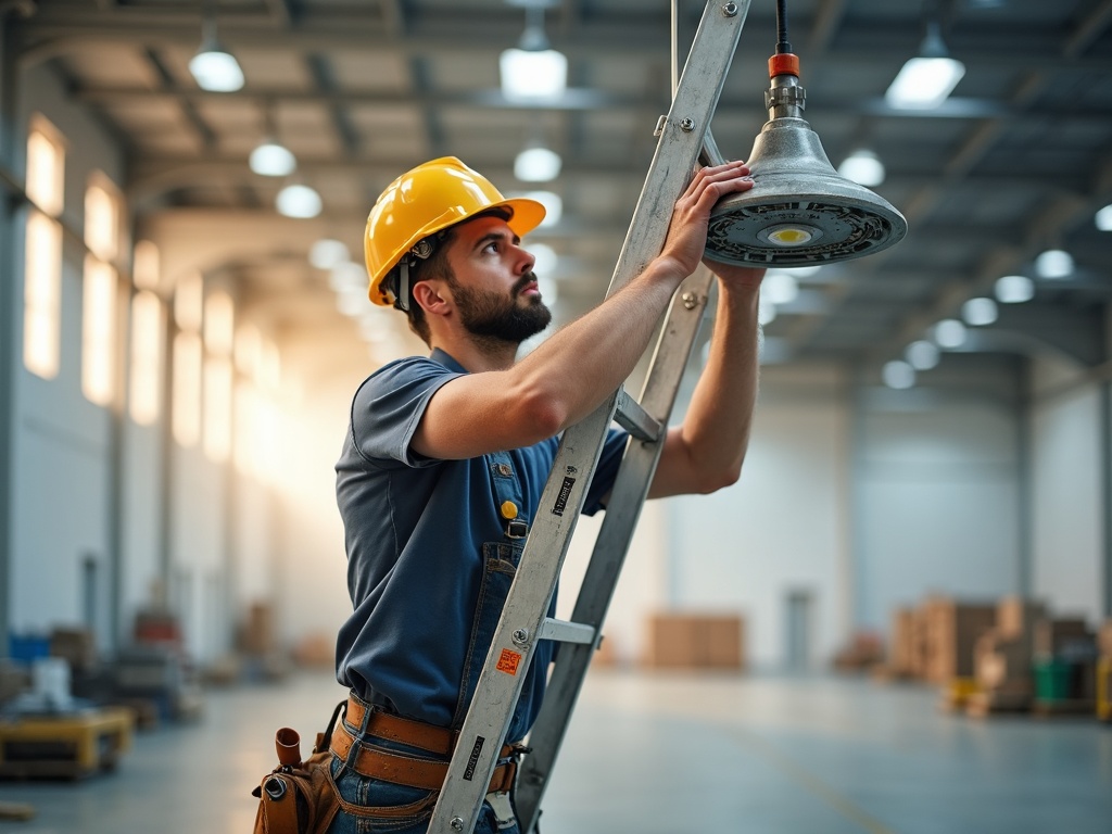 A licensed electrician installing a high-bay LED fixture as part of a commercial lighting installation project in a large warehouse facility