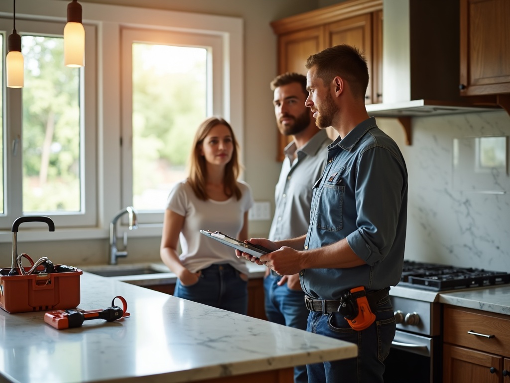An electrician conducting a home electrical load assessment with homeowners before completing a full electrical panel upgrade in a Scottsdale residence.