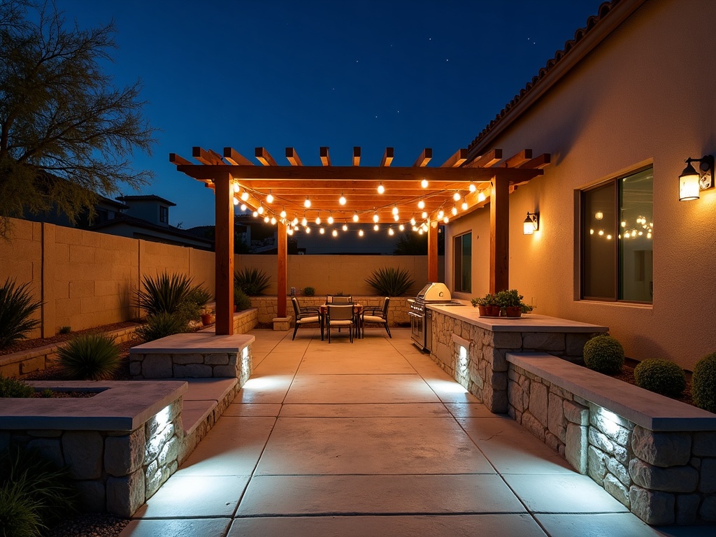 Exterior Lighting Installation An exterior lighting installation showcasing a Scottsdale backyard patio with overhead string lights, step lighting, and outdoor kitchen task lighting at night