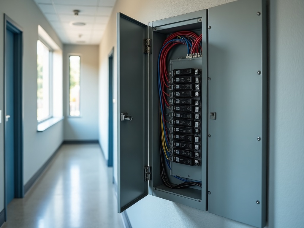 A neatly installed three-phase electrical subpanel with organized wiring inside a medical office, part of a professional 3-phase power installation for sensitive healthcare equipment.