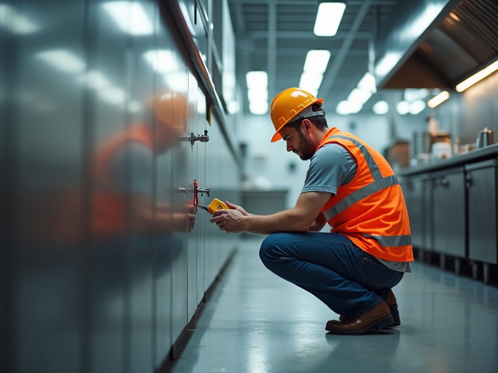 Breaker Replacement & Electrical Repairs An electrician completing breaker replacement and electrical repairs in a commercial kitchen setting to ensure safe and code-compliant operation.