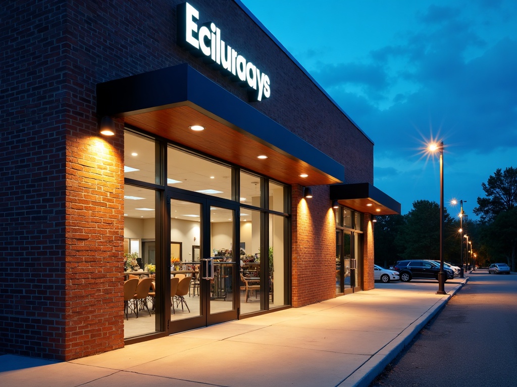 A commercial storefront exterior illuminated by a professional commercial lighting installation featuring LED parking lot lights and facade fixtures at dusk